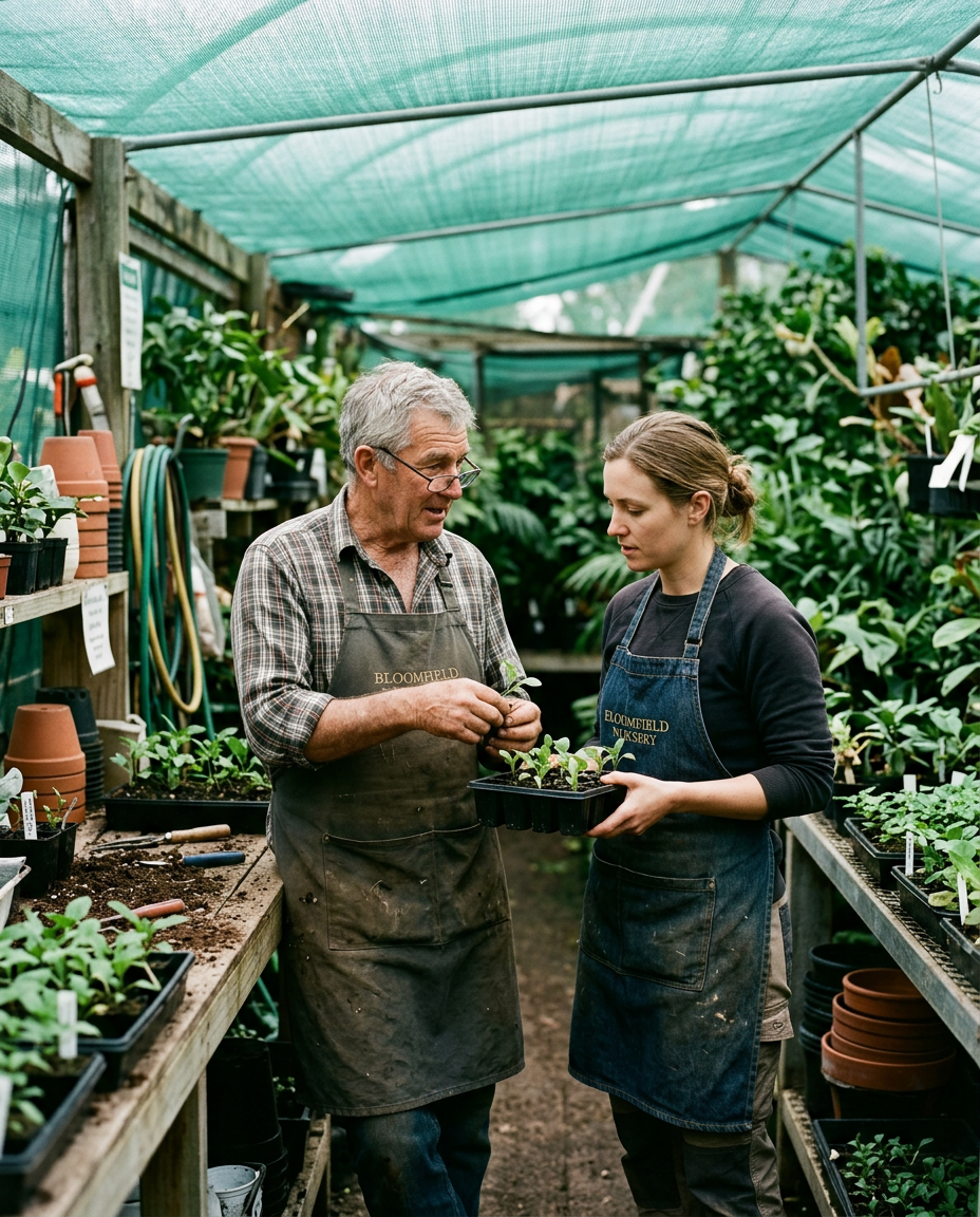 A nursery owner showing a younger colleague how to handle seedlings