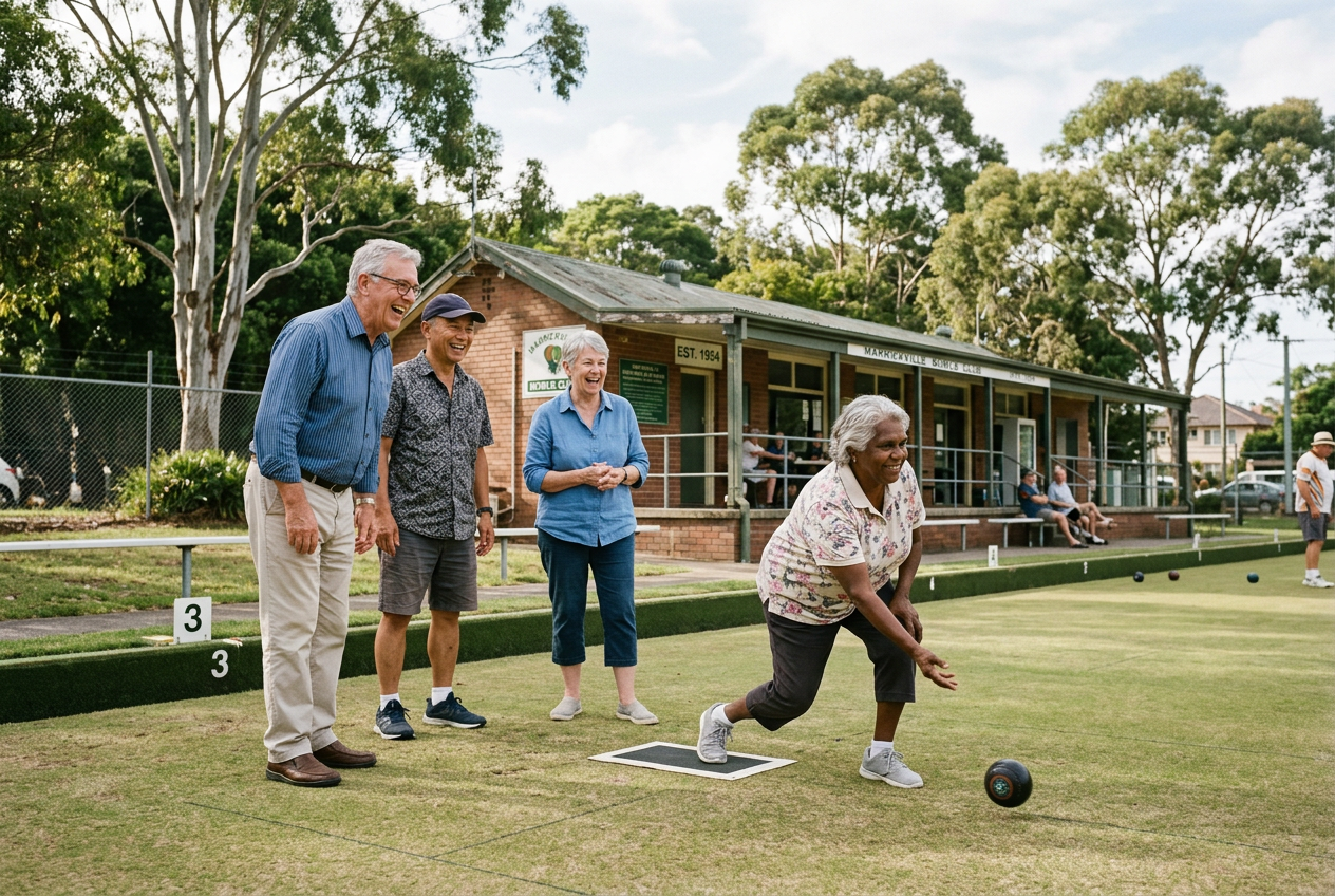 Friends playing lawn bowls on a sunny afternoon