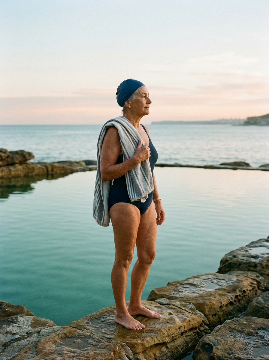 A woman with a towel over her shoulder at the edge of an ocean pool at dawn