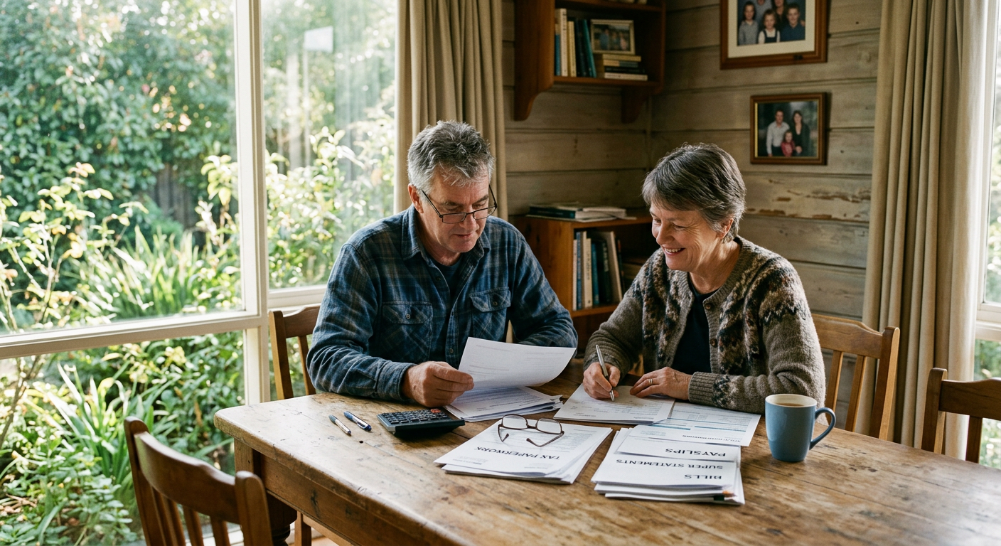 A couple sorting tax paperwork and super statements at their dining table