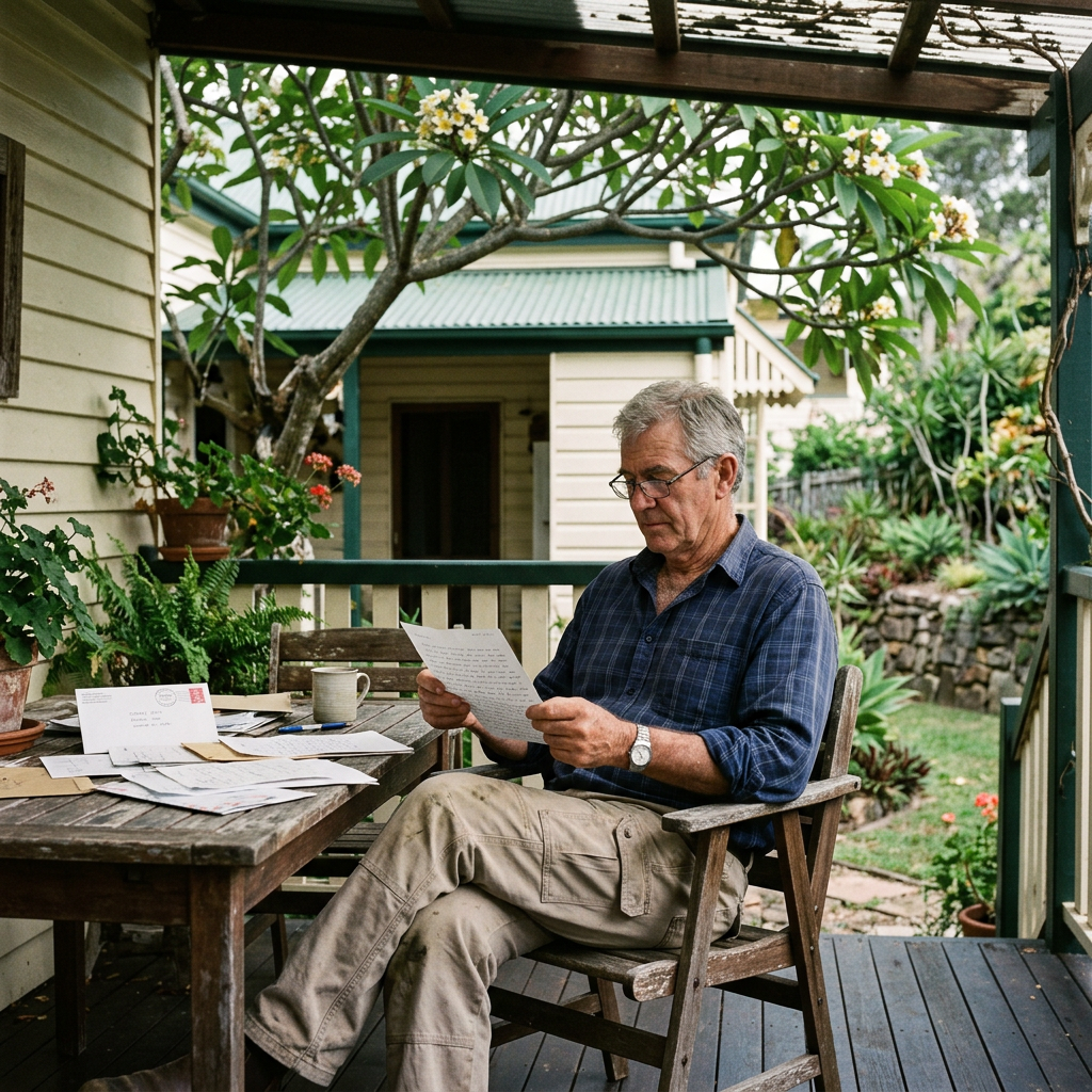 A man reading paperwork on a shaded veranda